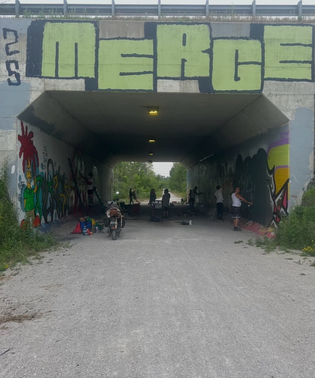 Artists painting murals together beneath a concrete underpass at a community event